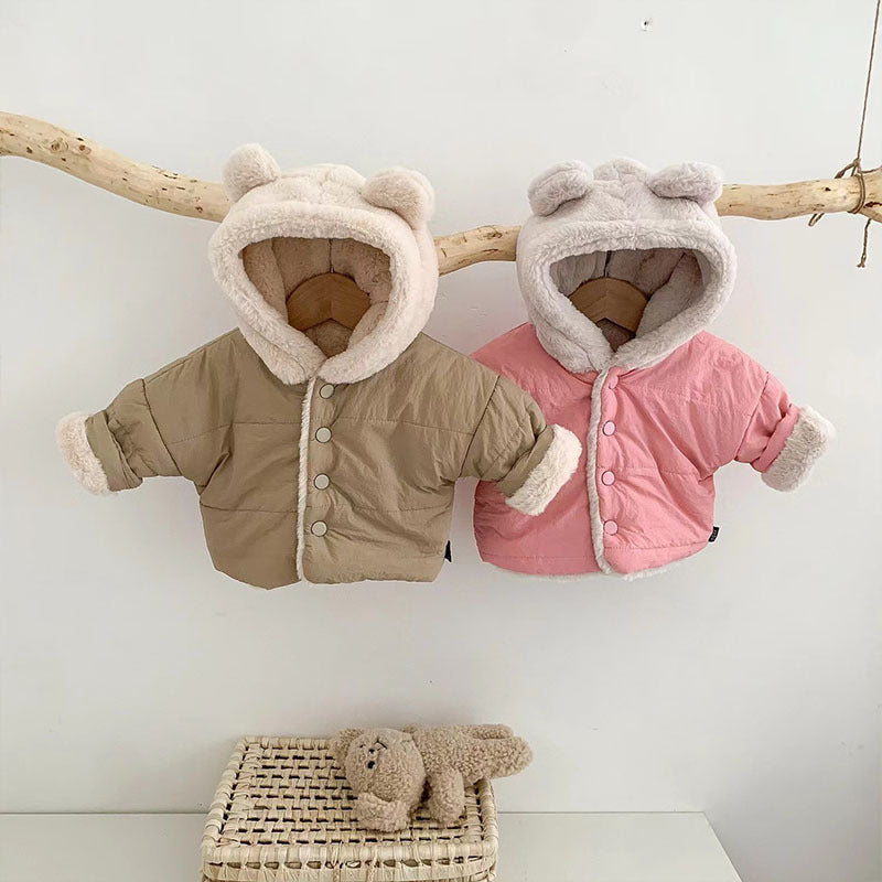 Children's Neutral Thickened Pure Color Warm Keeping Hooded Trend Casual Bear Jacket