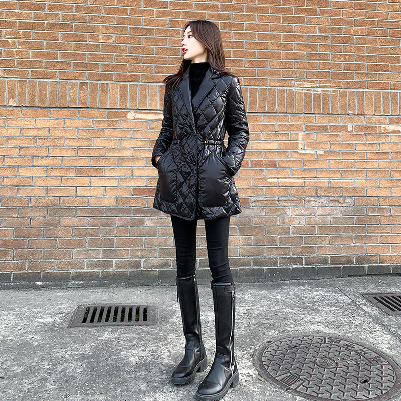 Winter slim waist mid-length imitation down jacket women shiny black suit collar cotton jacket