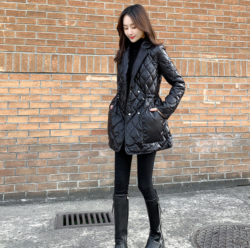 Winter slim waist mid-length imitation down jacket women shiny black suit collar cotton jacket