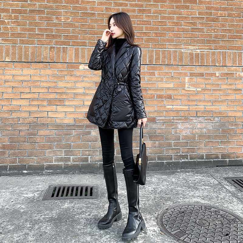 Winter slim waist mid-length imitation down jacket women shiny black suit collar cotton jacket