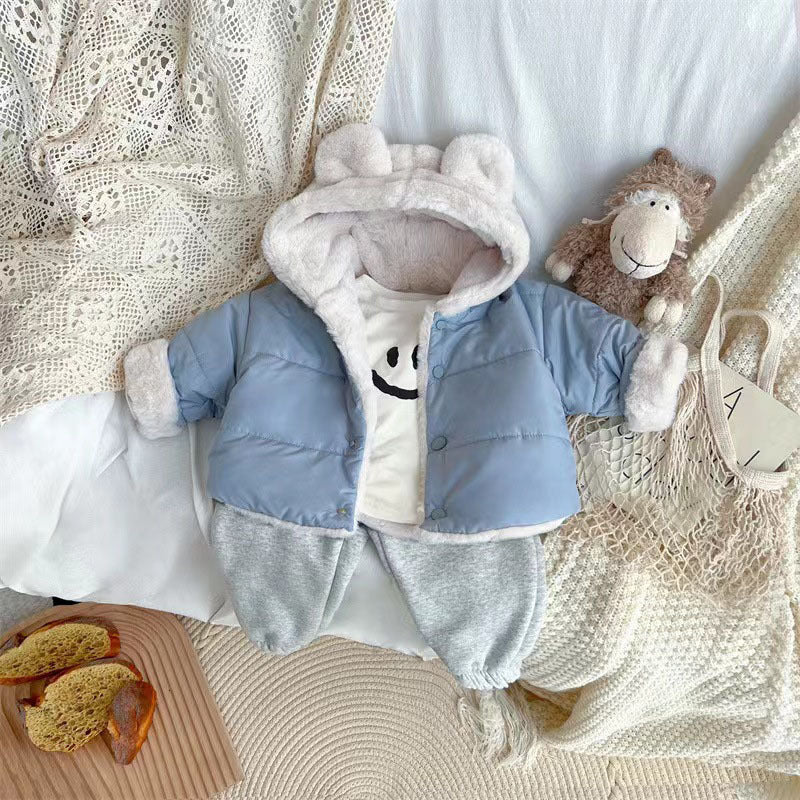 Children's Neutral Thickened Pure Color Warm Keeping Hooded Trend Casual Bear Jacket