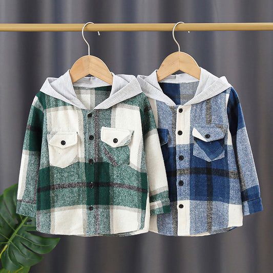 Boys And Girls Hooded Long Sleeve Breasted Chest Pocket Loose Plaid Coat